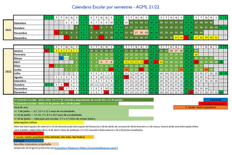 Calendario Escolar 2021 2022 em Excel semestres AGML